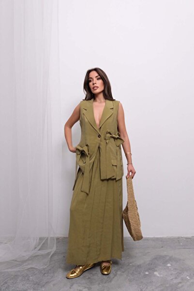 Hatun Atila Trend Double Breasted Tie-Up Vest and Long Skirt Set D004 - Fat Green