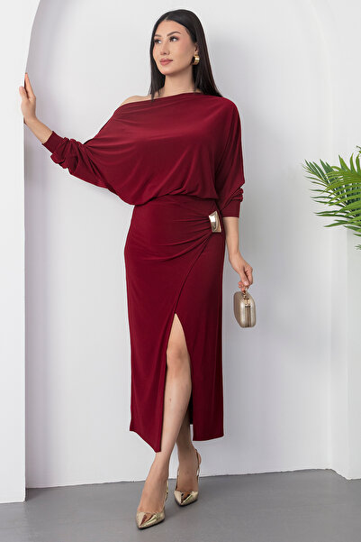 PULLIMM Kayık Yaka Beli Tokalı Sandy Elbise DKS1328