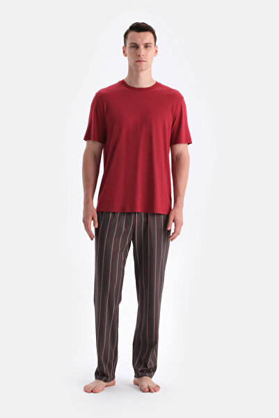 Eros Burgundy Short Sleeve Six Stripes T-Shirt Pants Set