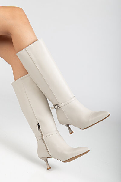 RİSSOLİ Γυναικείες μπότες με λεπτό τακούνι σε μπεζ δέρμα με μυτερή μύτη