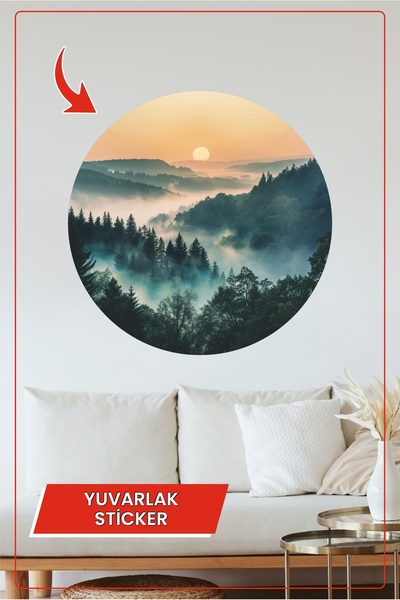 KOSS Dijital Autocolant rotund cu vedere la munte și lac cețos, decor de pere...