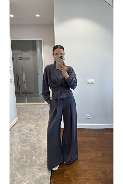 solena sln Kadın Antrasit Marka Model Kemer Detay Hırkalı Modal Takım