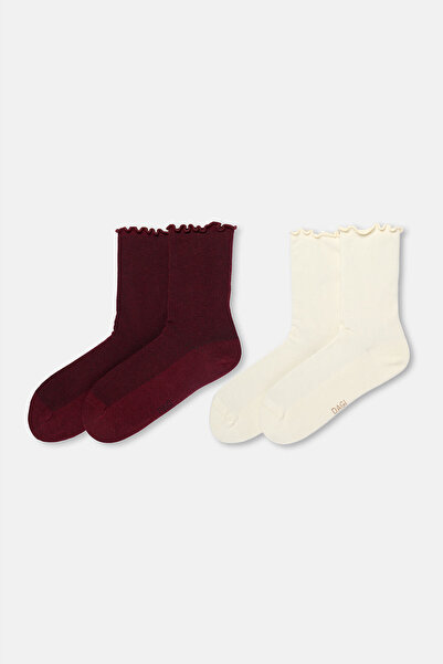 Eros Burgundy-Ecru Women's 2-Piece Cotton Ruffle Socks
