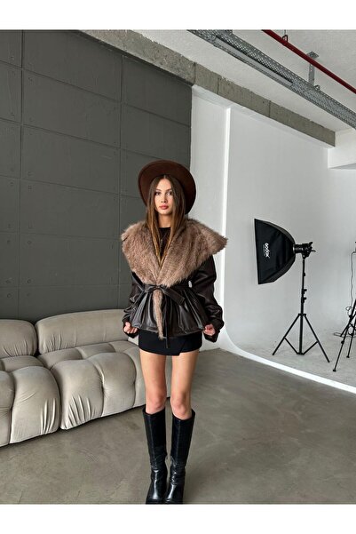 VESS MODA Trench din piele cu curea, model de marcă, cu detaliu de blană la g...