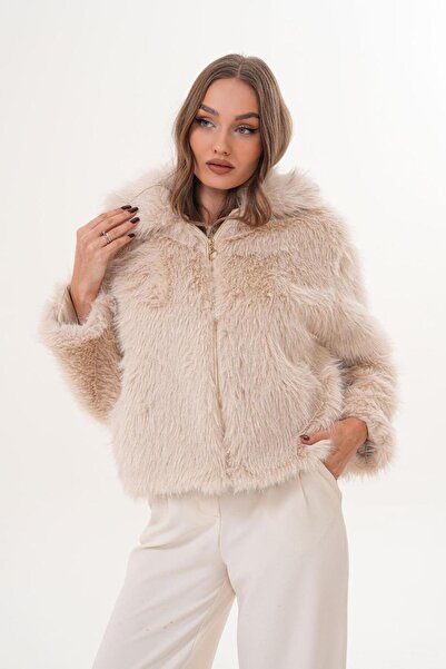 Flame İstanbul Butik Collared Front Zipper Short Cream Fur Coat Srp1132