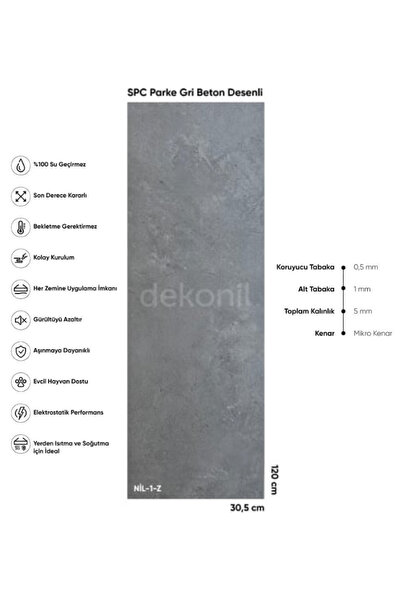 Dekonil SPC Parke Gri Beton Desenli – Su Geçirmez Zemin Paneli 30,5*120 cm (1 Paket: 6 Adet / 2,23 m²)