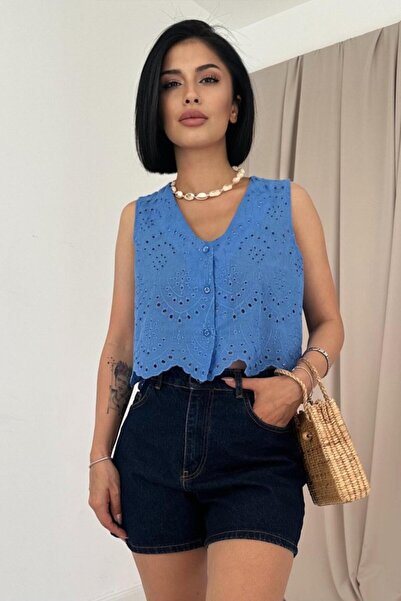 Wear Up Blue Zero Sleeve Brode Blouse