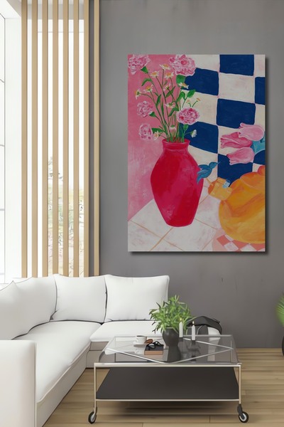 Teona Ahşap Tablou decorativ din lemn dreptunghiular cu flori într-o vază colorată