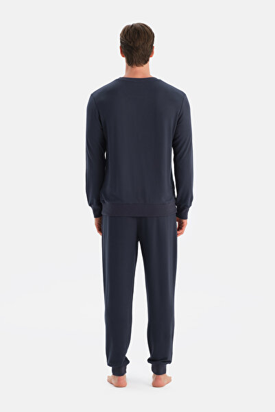 Eros Синій трикотажний комплект піжами з довгими рукавами, швами та стрічками
