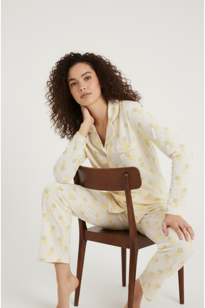 Bravie Luxury Viscose Pineapple Patterned Women's Long Sleeve Pajama Set – 42571