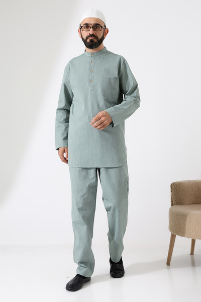 ihvan online Men's Single Pocket Shirt and Pants Two-Piece Set Hajj and Umrah Clothing Green (Vşn)