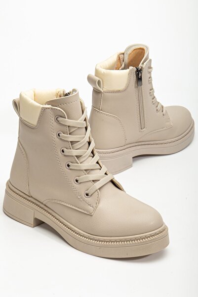 Hayalimdeki Ayakkabı Γυναικείες μπότες με δερμάτινο μπεζ δέρμα με κορδόνια και φερμουάρ