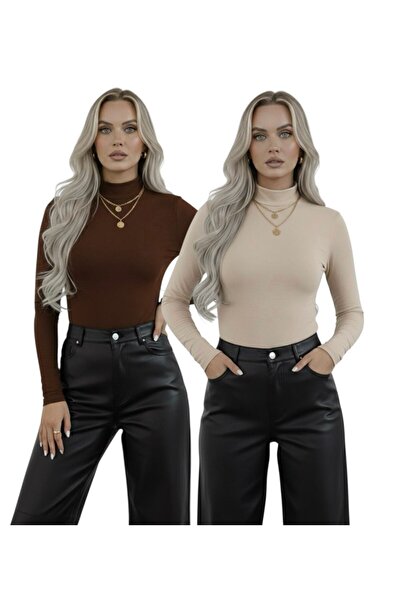 hashtag Women's Turtleneck Long Sleeve Bodysuit – Basic Plain Model 2-Pack