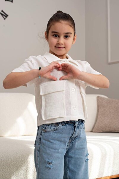 Ecenin Favorileri 100% Cotton White Girls' Short Sleeve Shirt with Front Pocket