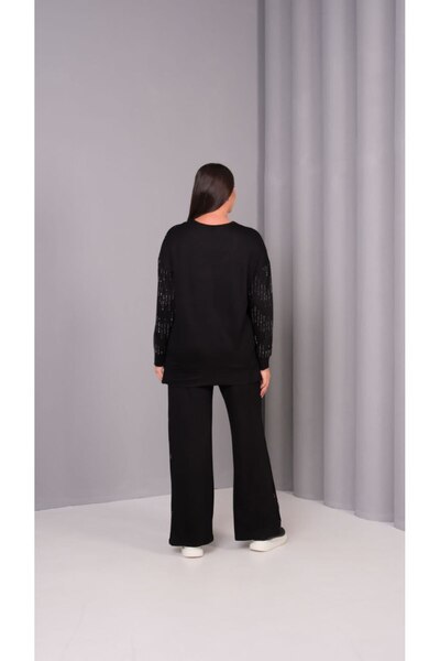 Esina Women's Crystal Fabric Wide Leg Tracksuit Set with Stone Detail