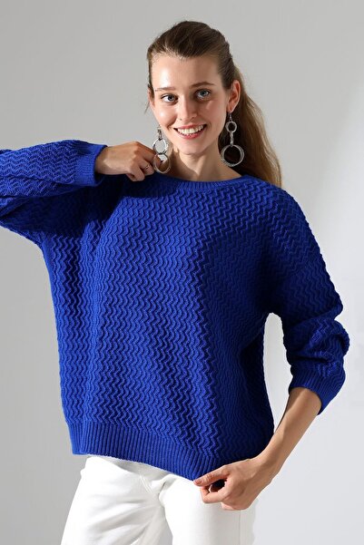 LADY HAZAL Μπλε πουλόβερ με λαιμόκοψη με απαλή υφή βασικό πλεκτό πουλόβερ Hijab