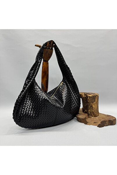 Gül Karatekin Geantă de mână și de umăr vintage cu aspect casual, cu model tricotat negru pentru femei