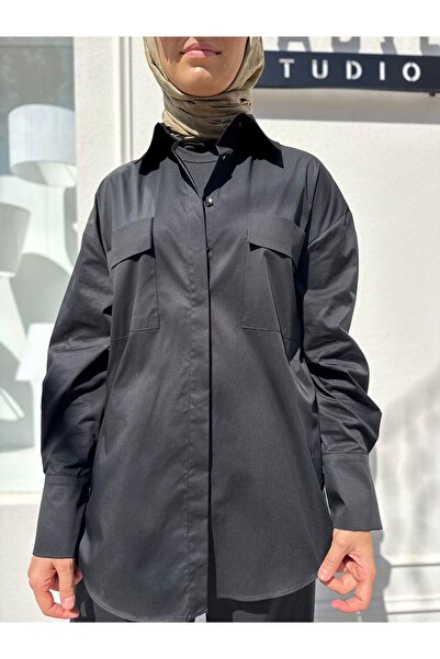 Babil Butik Td4254 Nova Paper Pocket Women's Shirt Black