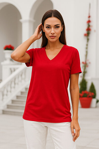 Rich Women's Red Viscose V-Neck Basic Short Sleeve T-Shirt