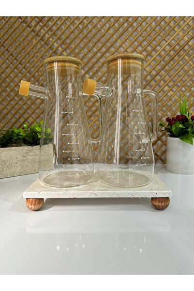 FARALYAHOME Bamboo Lid Vacuum Borosilicate Set of 3 Glass Oil Bottle Vinegar Bottle Travertine Marble Base 24X12 cm
