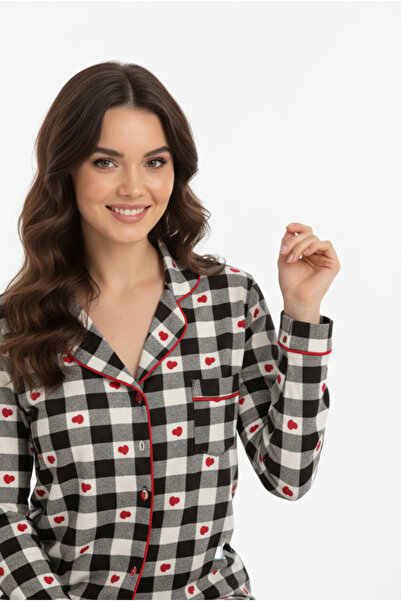 Bravie Luxury Viscose Black and White Checkered Heart Patterned Women's Long Sleeve Pajama Set – 42564