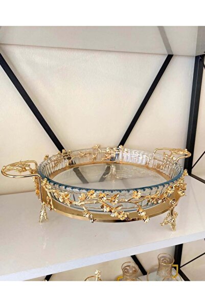 AZADE BAKIR GOLD KOMPLE PİRİNÇ ÇOK ÇİÇEK YUVARLAK BORCAM CAM SUNUMLUK
