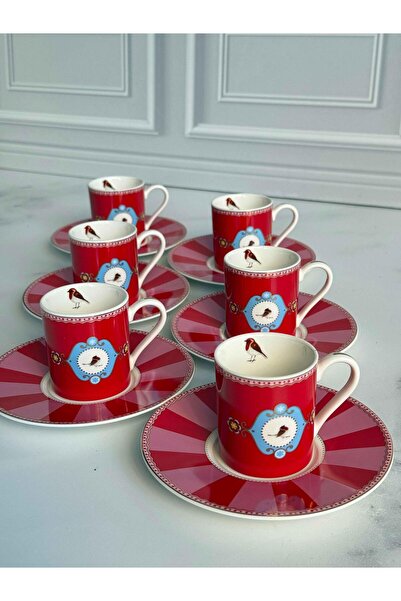 ROSSEV Türk Kahve Fincanı Birdy Red 6 Kişilik 12 Parça