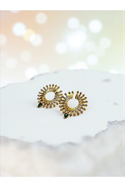 FUYA JEWELLERY 14K Gold Kaplama Zirkon Taşlı Renkli Taş Detay Güneş Küpe