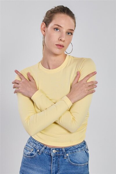 BARRELS AND OIL بودي نسائي بأكمام طويلة ورباط جانبي - أصفر فاتح