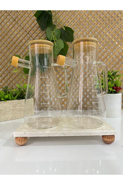 FARALYAHOME Bamboo Lid Vacuum Borosilicate Set of 3 Glass Oil Bottle Vinegar Bottle Travertine Marble Base 24X12 cm