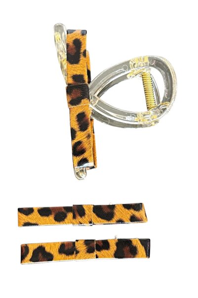 TAKIŞTIR Σετ πόρπες με μοτίβο λεοπάρ σε καφέ χρώμα