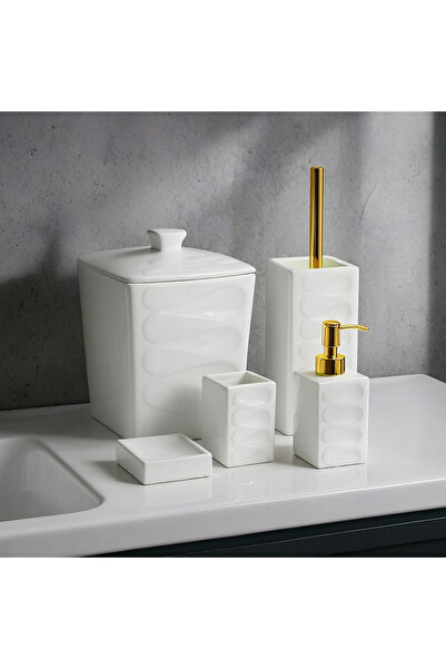 CEZVE HOME Viola Porcelain Wave Patterned Gold Detailed 5-Piece Bathroom Set