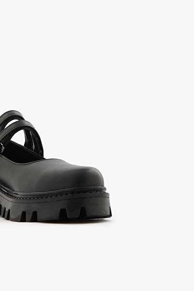 SAYL Siyah Hakiki Deri Çift Bantlı Tırtıklı Kalın Taban Tokalı Kadın Loafer Ayakkabı