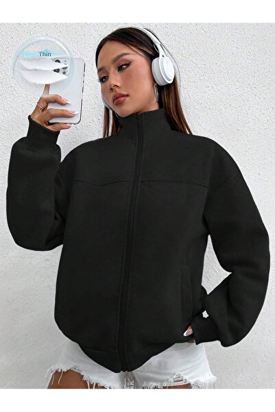 COOLHILL سترة نسائية سوداء ياقة مرتفعة متوسطة الطول بسحاب كامل قصة فضفاضة سميكة