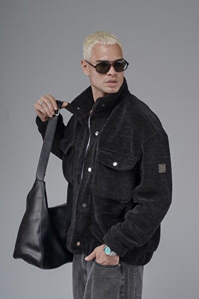 king brich Oversize Plush Jacket with Snap Closure and Logo Detail