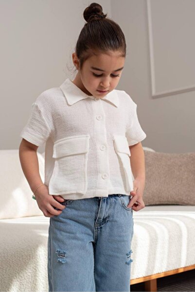 Ecenin Favorileri Cămașă cu mânecă scurtă pentru fetiță, 100% bumbac, albă, cu buzunar frontal