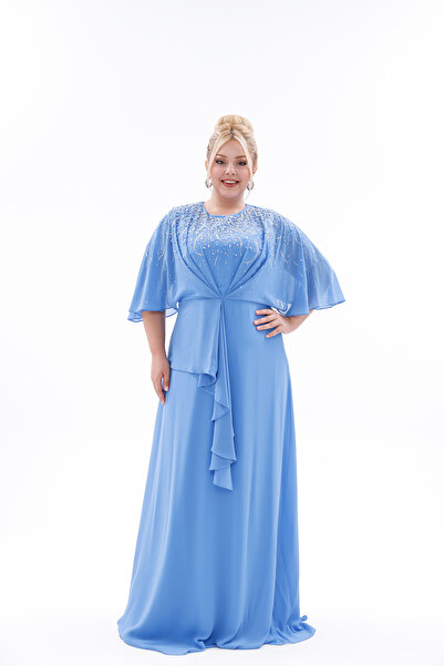 BDM Exclusive Şifon Drapeli Yırtmaç Detaylı Uzun Kollu Büyük Beden Abiye Elbise