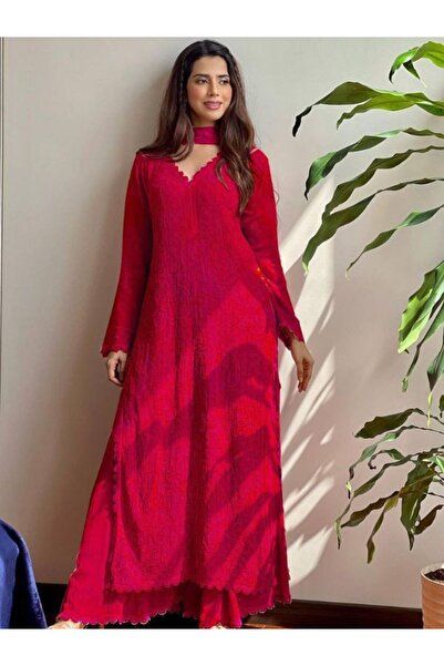 MYSMAR Red Faux Georgette Salwar Kameez & Dupatta Set - RYC1156 | Red