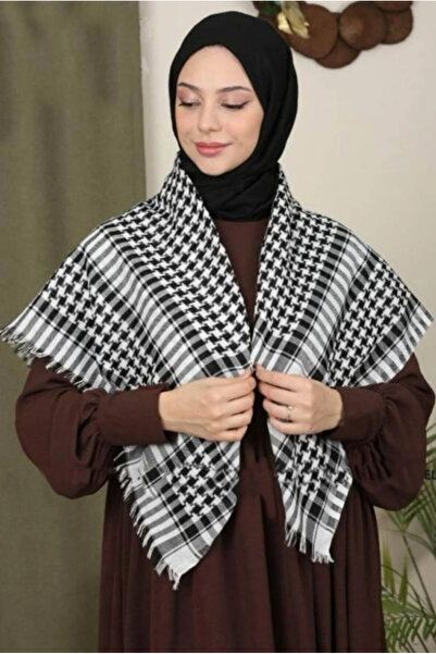 Merve Kadın Puşi I Poşu I Kefiye Siyah/Beyaz Şal I 100x100