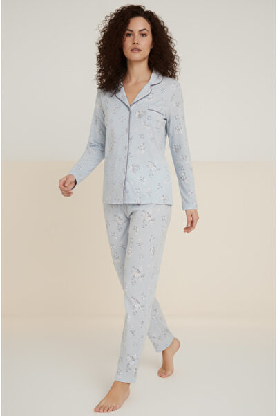 Bravie Luxury Viscose Blue Floral Patterned Women's Long Sleeve Pajama Set – 42550