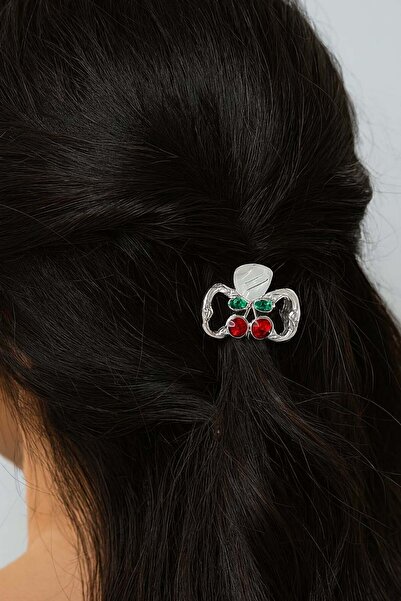 TAKIŞTIR Μεταλλική μίνι αγκράφα με φιγούρα κερασιού σε ασημί χρώμα