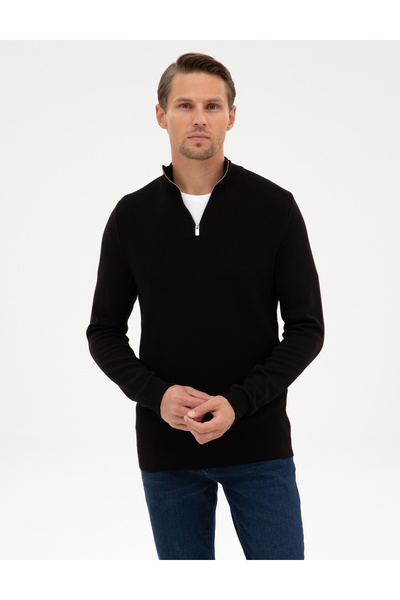 Pierre Cardin Siyah Slim Fit Dik Yaka Fermuarlı Triko Kazak 50317397-VR046