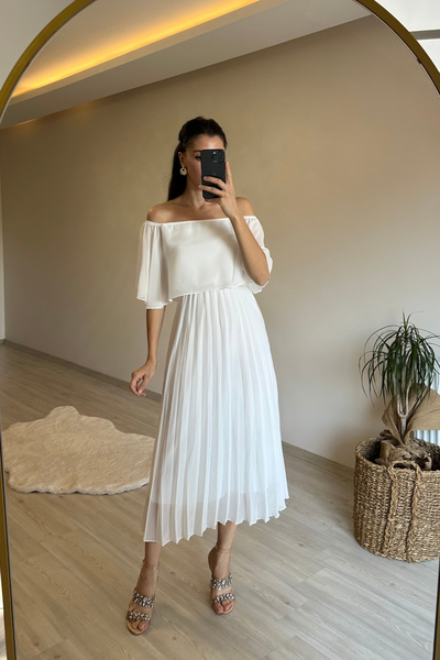 Neşeli Butik Women Off Shoulder Pleated Midi Chiffon Dress Nm006