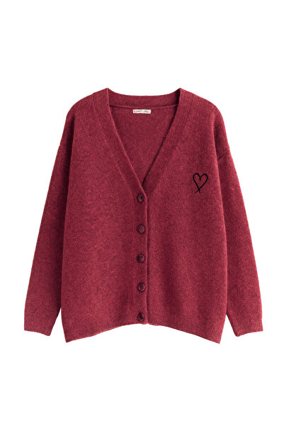 Mixray 6953 Women's Oversize Wool Blend Premium Heart Embroidered Cardigan Burgundy