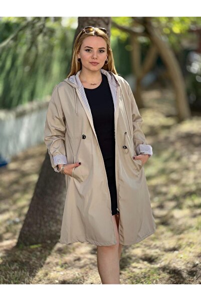 Costleyy KADIN BEJ BELİ BÜZGÜLÜ İÇİ ÇİZGİ DESEN KAPÜŞONLU KATLANILABİLİR KOL ...