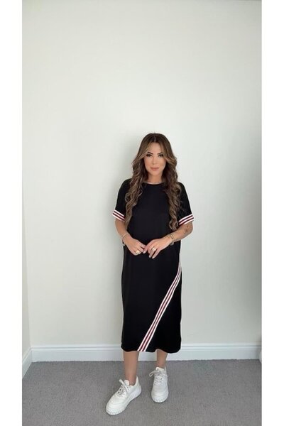 Wear Up Women's Sleeve and Skirt Stripe Detailed Midi Length Dress