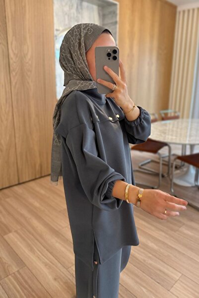 Ka Hijab Gold Button Detail Modal Set - Anthracite