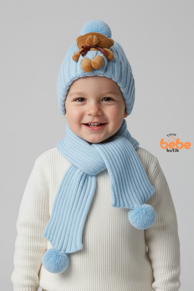 Trend Bebe Butik Peluş Ayıcık Detaylı Triko Bere Atkı 2’li Set Pamuklu,Yumuşak,Soğuk Geçirmez,Erkek Çocuk Kış Kombini