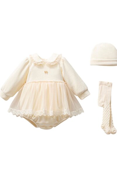 Luna Kids Store Premium Romper Kadife Elbise 3'lü Takım