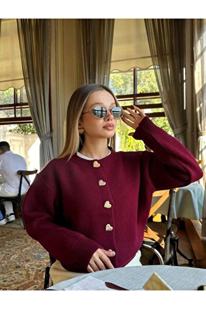 Adeyo Kadın Kalp Düğme Detaylı Triko Hırka